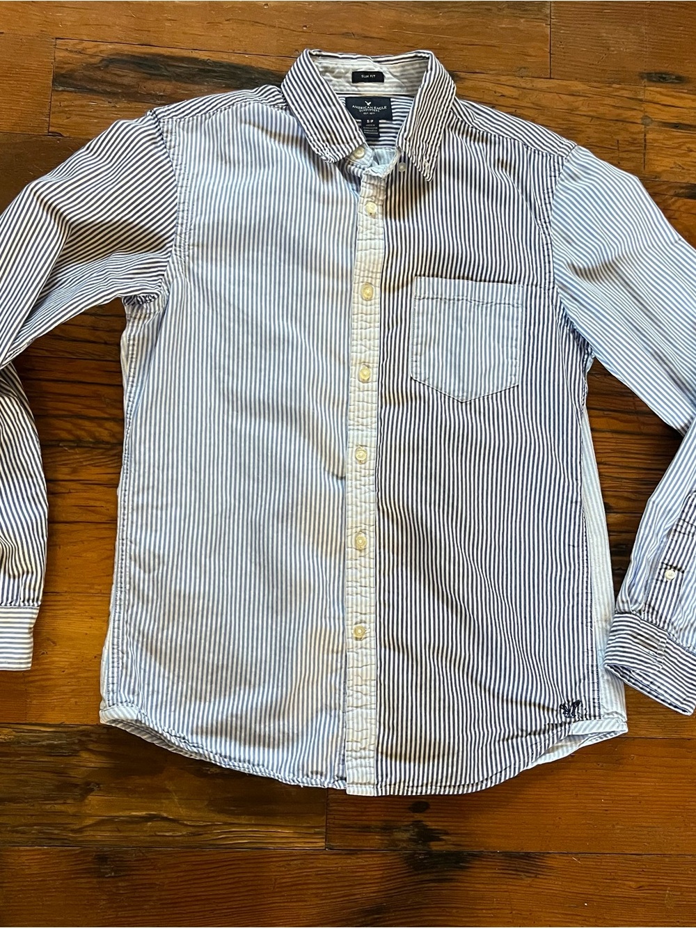 American Eagle Outfitters Men’s Blue and White Striped Button-Down Shirt